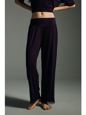 Kadın Viskon Dantel Detaylı Uzun Pijama Altı