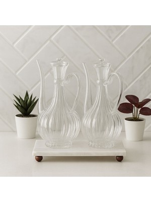 Mermer Stantlı Borosilikat Cam  Glorry Cam Yağlık 700 ML+700 ml Çizgili Tasarım