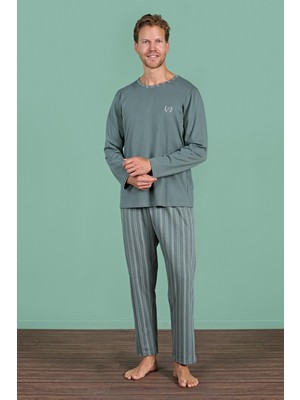 Erkek Yeşil Renk Uzun Kollu Yuvarlak Yaka Çizgili Detaylı Pijama Takımı C0T4N91