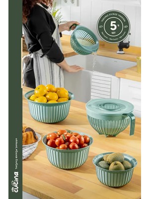 5 Parça Linea Çok Amaçlı Çeyiz Seti Yeşil 1x( Mikser Kabı 3lt) 1x(3 Boy Kase) 1x(Pirinç Süzgeçi 3lt)