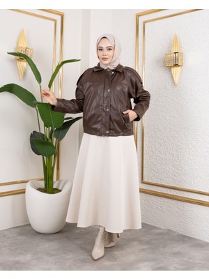 Harma Time Butik Kadın Kahverengi Deri Astarlı Fermuarlı Ceket