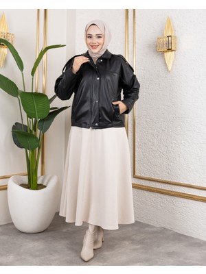 Harma Time Butik Kadın Siyah Deri Astarlı Fermuarlı Ceket