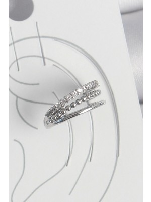 Bfs Pirinç Gümüş Renk Zirkon Taşlı 3'lü Sıralı Model Kadın Kıkırdak Küpe