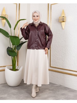 Harma Time Butik Kadın Bordo Deri Astarlı Fermuarlı Ceket
