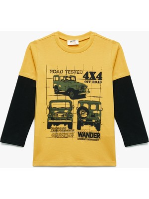 Uzun Kollu Bisiklet Yaka Araba Baskılı Pamuklu Tişört