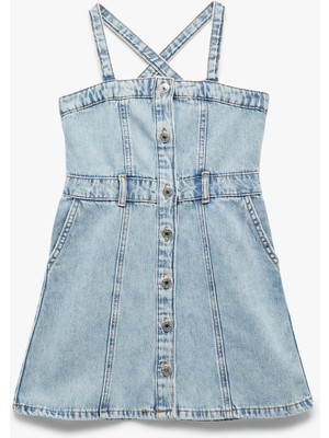 Pamuklu Askılı Düğmeli Cepli Denim Elbise