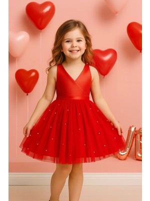 Kız Çocuk Kırmızı Anvelop Yaka Eteği Incili Kırmızı Mezuniyet Doğum Günü Elbise