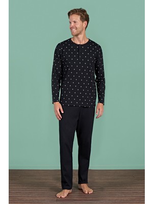 Erkek Siyah Uzun Kollu Düğmeli Yaka Desenli Pijama Takımı C9T2N91
