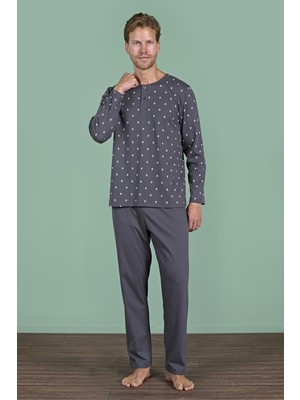 Erkek Füme Uzun Kollu Düğmeli Yaka Desenli Pijama Takımı C9T2N91