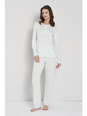 Kadın Mint Renk Pamuk Desenli Düğmeli Pijama Takımı C6T1N91