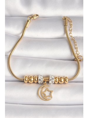 Vice Avm 316L Çelik Gold Renk Tüp Zincir Zirkon Taş Detaylı Sallantı Ay Yıldız Figür Kadın Bileklik