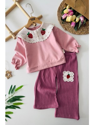 Miniğimin Cicileri Yaka Dantel Çilek Detaylı Kız çocuk takım - Gül Kurusu