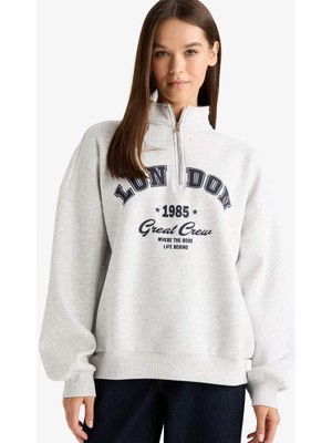 DeFacto Overshirt Fit Yarım Fermuarlı Baskılı Kalın Kumaş Sweatshirt F9433AX25WN