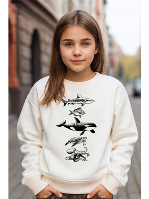 Orca Siyah Beyaz Baskılı 3 Iplik Ekru Sweat (Çocuk -Yetişkin)