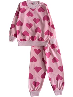 Kız Çocuk İki İplik Şardonlu Pamuklu Pembe Renk Kalp Desenli Pijama Takımı