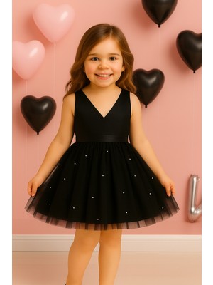 Kız Çocuk Siyah Anvelop Yaka Eteği Incili Kırmızı Mezuniyet Doğum Günü Elbise