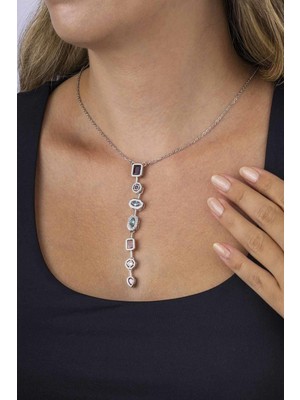 Gümüş Pazarım Sıralı Renkli Taşlı Beyaz Altın Kaplama Gümüş Kadın Y Kolye