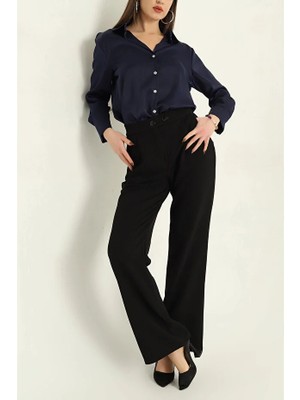 Mitogenic Kadın Siyah Jakarlı Palazzo Pantolon – Çift Düğmeli Geniş Paça