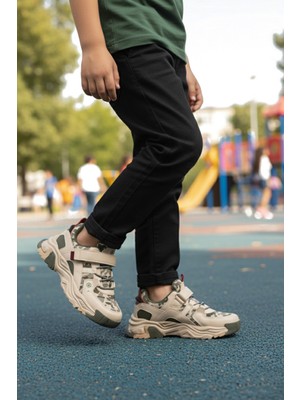 Krem-Haki-Bordo Cırtlı Çocuk Spor Ayakkabı 2021 F