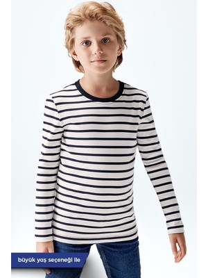 Brix Erkek Çocuk Uzun Kollu Çizgili Interlok T-Shirt Ekru Renk Günlük Stil Orta Kalınlık