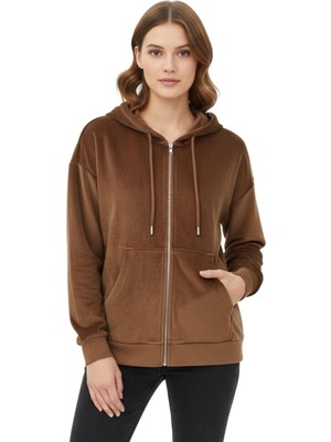 Rays Taba Kadın Fermuarlı Kapüşonlu Sweatshirt 3059A