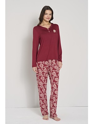 Kadın Büyük Beden Bordo Düğmeli Yaka Çiçek Desenli Pijama Takımı C4T0N91