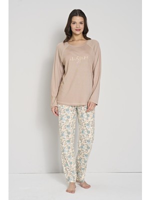 Kadın Kahverengi Uzun Kol Baskılı Pijama Takımı C2T0N91