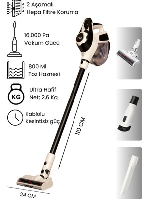 KS16 2'si 1 Arada Ac Motor Toz Torbasız Hepa Filtreli Dikey Elektrikli Süpürge