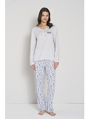 Kadın Mavi Renk Çiçek Desenli Düğmeli Yaka Uzun Kollu Pijama Takımı C6T0N91