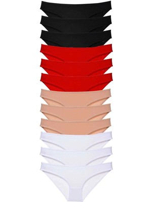 Litaetrend 12 Adet Süper Eko Set Likralı Kadın Slip Külot Siyah Kırmızı Ten Beyaz