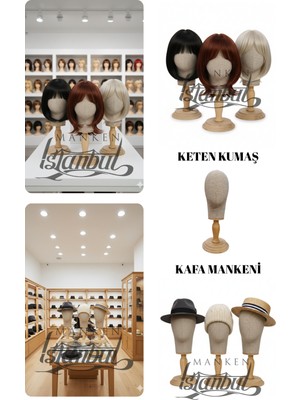 Manken İstanbul Kumaş Kaplı Ahşap Standlı Polyester Kafa Mankeni Aksesuar Mankeni Şapka Mankeni Peruk Mankeni