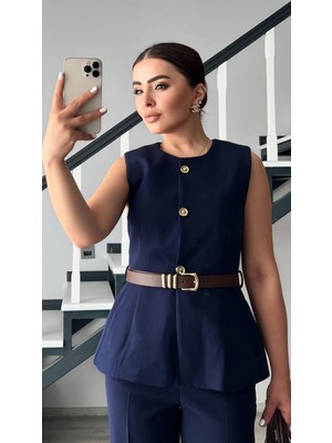 Lacivert Kemerli Gold Düğme Duble Crep Yelek