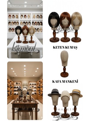 Manken İstanbul Kumaş Kaplı Ahşap Standlı Polyester Kafa Mankeni Aksesuar Mankeni Şapka Mankeni Peruk Mankeni