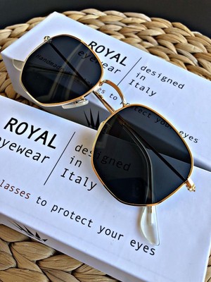 Watch of Royal Hexa Round Unisex Güneş Gözlüğü Altın Siyah UV Filtreli Modern Tasarım