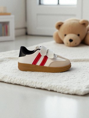 Unisex Rahat Tabanlı Hafif Esnek Ortopedik Cırtlı Günlük Çocuk Sneaker Spor Ayakkabı - Beyaz-Kırmızı