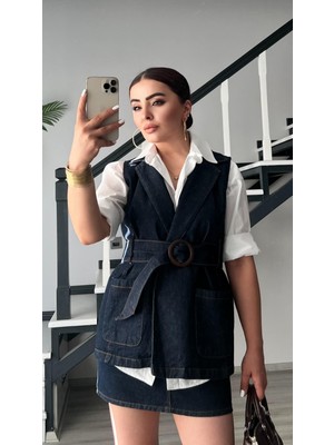 Lacivert Marka Model Kemerli Denim Yelek