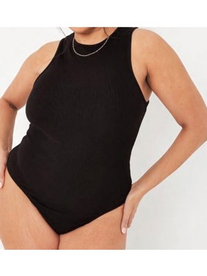 Büyük Beden Halter Yaka Esnek Çıtçıtlı Örme Body
