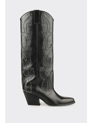 Elle Siyah Deri Kadın Western Çizme Kalın Topuklu Şık Tasarım Casual Kullanım İçin