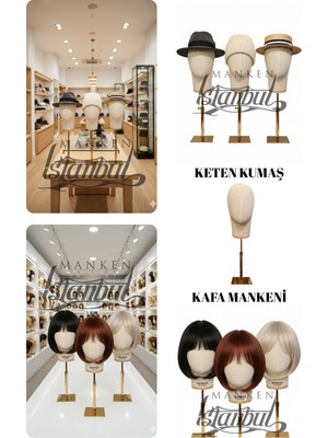 Manken İstanbul Kumaş Kaplı Gold  Standlı Polyester Kafa Mankeni Aksesuar Mankeni Şapka Mankeni Peruk Mankeni