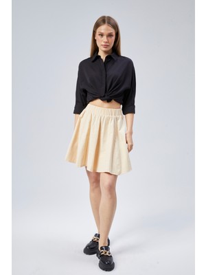 Flamlı Keten Parçalı Kısa Kloş Etek