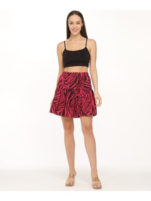 Şifon Krep Kumaş Pembe Zebra Desenli Şort Etek