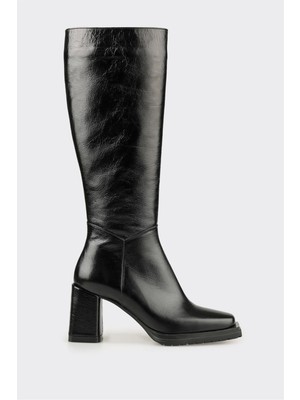 Siyah Deri Kadın Yüksek Topuk Çizme