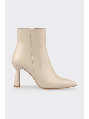 Bej Deri Kadın Topuklu Bot