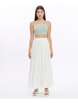 Astarlı Viskon Kumaş Beyaz Uzun Fırfırlı Etek