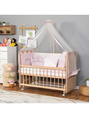 Bamgidoo Ahşap Beşik Anne Yanı Beşik Organik (Boyasız) 60X120 - Pembe Prenses Uyku Seti Yatak Tekerlekli