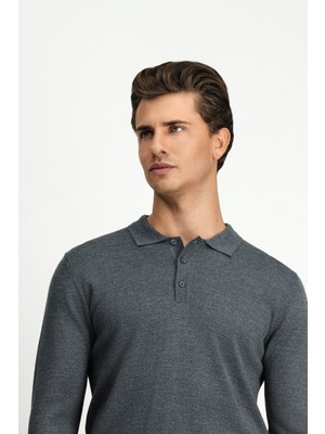 Kiğılı Polo Yaka Düğmeli Regular Fit Sıcak Tutan Yünlü Triko Kazak