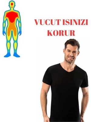 Erkek Siyah Termal V Yaka Kısa Kol Atlet -20 Derece Tam Koruma