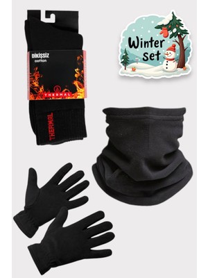 Siyah Termal Kışlık Kaliteli Polar Eldiven Boyunuk Çorap Kar Maskesi Setleri