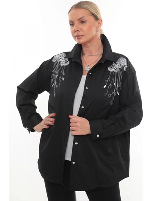 Tasarım Büyük Beden Kadın Nakışlı Gömlek Uzun Kollu Düğmeli Rahat Şık Kombinlere Uygun