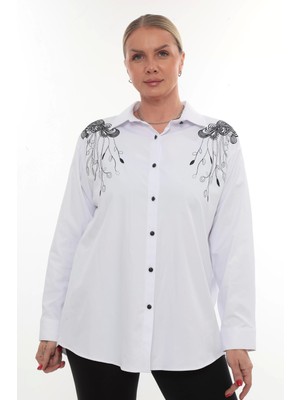 Tasarım Büyük Beden Kadın Nakışlı Gömlek Uzun Kollu Düğmeli Rahat Şık Kombinlere Uygun